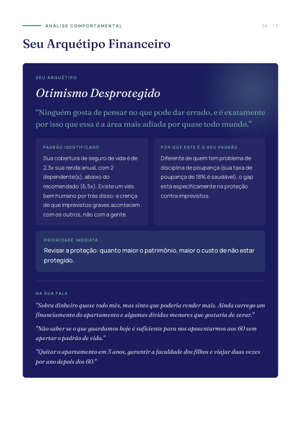 Página do arquétipo financeiro, em fundo azul, com o padrão identificado e a prioridade que ele indica.