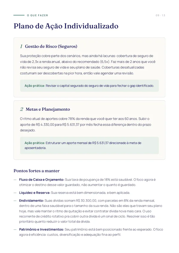 Página do plano de ação individualizado, com as recomendações numeradas e a ação prática de cada uma.